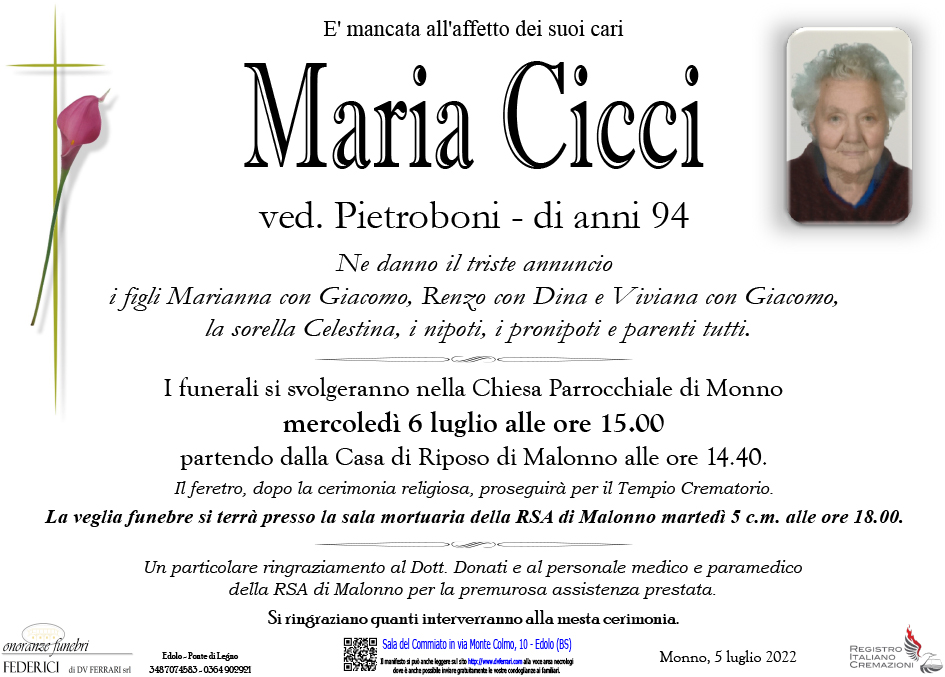 MARIA CICCI VED. PIETROBONI - MONNO