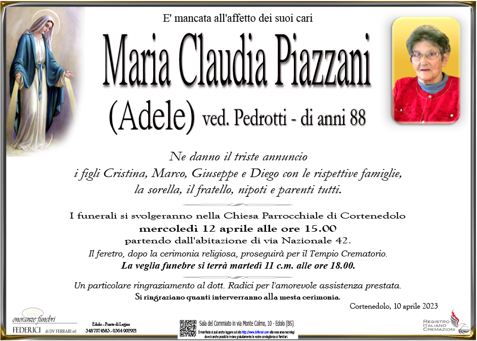 MARIA CLAUDIA PIAZZANI (ADELE) VED. PEDROTTI - CORTENEDOLO